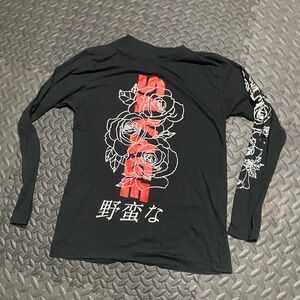 Black Long-Sleeve Graphic Tee with Red Rose Motif